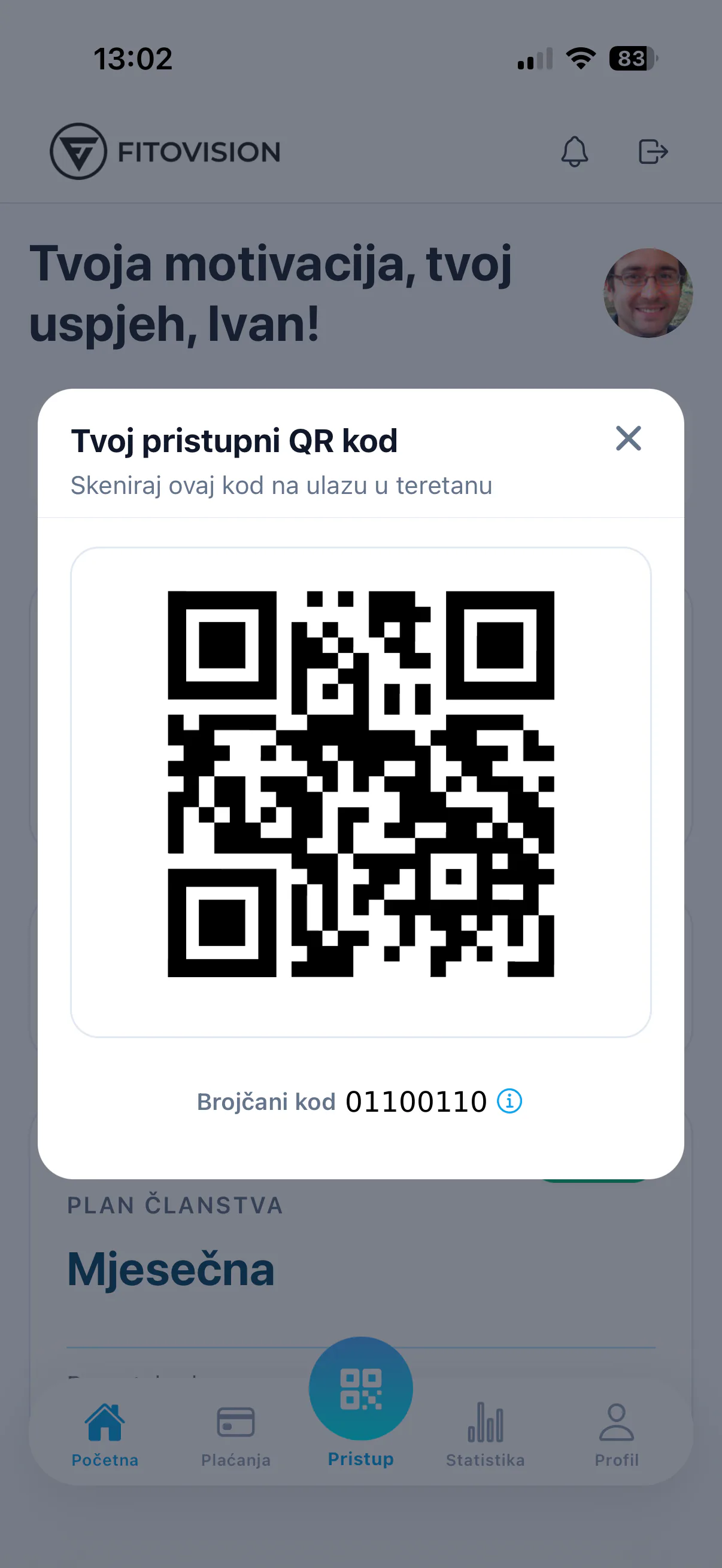 Fitovision mobilna aplikacija — pristupni QR kod člana